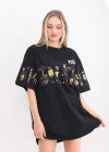 kadın  Bisiklet Yaka Baskılı Oversize T-Shirt - Siyah