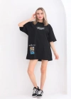 kadın  Bisiklet Yaka Baskılı Oversize T-Shirt - Siyah