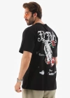 Erkek Bisiklet Yaka Baskılı Oversize T-Shirt - Siyah