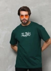 Erkek  Bisiklet Yaka Baskılı Oversize T-Shirt - Yeşil
