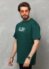 Erkek  Bisiklet Yaka Baskılı Oversize T-Shirt - Yeşil
