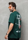 Erkek  Bisiklet Yaka Baskılı Oversize T-Shirt - Yeşil