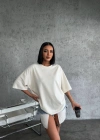 kadın  Düz Biskilet Yaka Oversize T-shirt - Beyaz