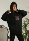 Kadın Kapşonlu Baskılı Sweetshirt - Siyah