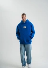 ERKEK Kapşonlu Uzun Kol Patchli Nakışlı SweatShirt - Mavi