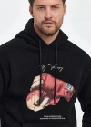 ERKEK Kapüşonlu Üç İplik Oversize Baskılı Sweatshirt - Siyah