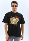 ERKEK Oversize Baskılı Bisiklet Yaka T-Shirt - Siyah