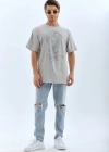 ERKEK Oversize Taşlı Bisiklet Yaka T-Shirt - Gri