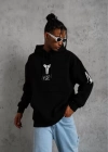 ERKEK Sırt Baskılı Kapüşonlu Üç İplik Oversize Sweatshirt - Siyah