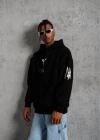 ERKEK Sırt Baskılı Kapüşonlu Üç İplik Oversize Sweatshirt - Siyah