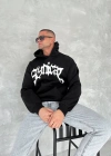 ERKEK Üç İplik Kapüşonlu Baskılı SweatShirt - Siyah