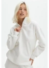 Kadın Uzun Kol Yarım Farmuarlı Yakalı Basic SweatShirt - Beyaz