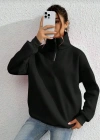 kadın Uzun Kol Yarım Farmuarlı Yakalı Basic SweatShirt - Siyah