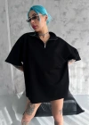 Unisex Yarım Fermuarlı Basic T-Shirt - Siyah