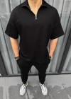 Unisex Yarım Fermuarlı Basic T-Shirt - Siyah