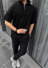 Unisex Yarım Fermuarlı Basic T-Shirt - Siyah
