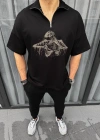 Unisex Yarım Fermuarlı Baskılı Oversize T-Shirt - Siyah