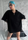 Unisex Yarım Fermuarlı Düz Oversize T-Shirt - Siyah