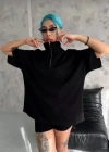 Unisex Yarım Fermuarlı Düz Oversize T-Shirt - Siyah