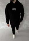 Uzun Kol Kapüşonlu Göğüs Baskılı SweatShirt - Siyah