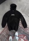 Uzun Kol Kapüşonlu Göğüs Baskılı SweatShirt - Siyah