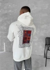 Uzun Kol Kapüşonlu Ön Ve Arka Baskılı SweatShirt - Beyaz