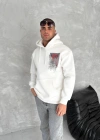 Uzun Kol Kapüşonlu Ön Ve Arka Baskılı SweatShirt - Beyaz