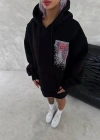 Uzun Kol Kapüşonlu Ön Ve Arka Baskılı SweatShirt - Siyah