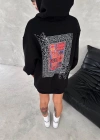 Uzun Kol Kapüşonlu Ön Ve Arka Baskılı SweatShirt - Siyah