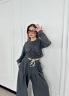 Uzun Kollu Önü İp Büzgülü Crop ve Pantolon İkili Takım - Antrasit