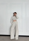 Uzun Kollu Önü İp Büzgülü Crop ve Pantolon İkili Takım - Gri