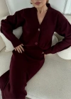 V Yaka 3 Düğmeli Hırka Takım Triko İkili Etekli - Bordo