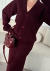 V Yaka 3 Düğmeli Hırka Takım Triko İkili Etekli - Bordo