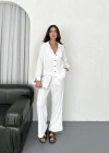 Yakalı Düğmeli Uzun Kollu Gömlek Pantolon ikili Takım - Beyaz