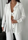 Yakalı Düğmeli Uzun Kollu Gömlek Pantolon ikili Takım - Beyaz