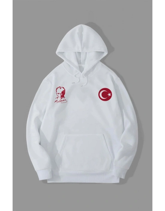 10 Kasıma Özel Üç İplik Kapüşonlu Baskılı SweatShirt - Beyaz