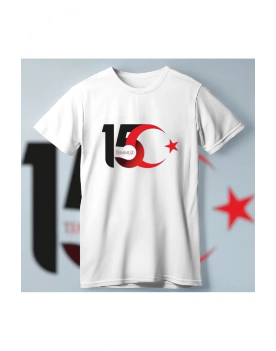15 Temmuza Özel Tasarım Ay Yıldız Baskılı T-shirt - Beyaz