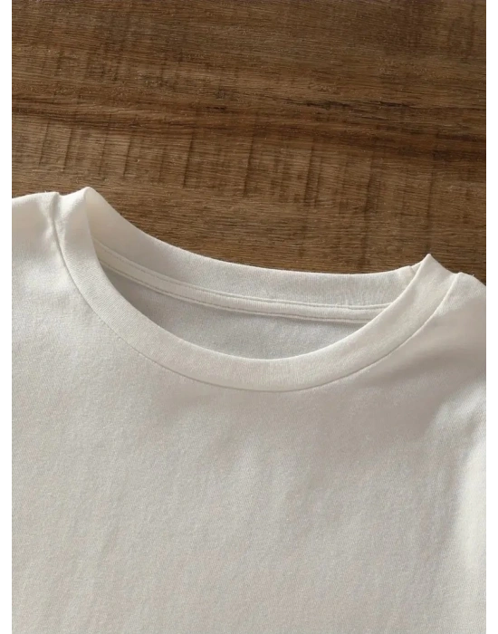 Kadın Penye Compack Ayı Baskılı  Bisiklet Yaka Kısa Kol T-shirt - Beyaz