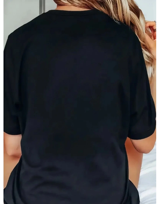 Kadın  Penye Compack Baskılı  Bisiklet Yaka Kısa Kol T-shirt - Siyah