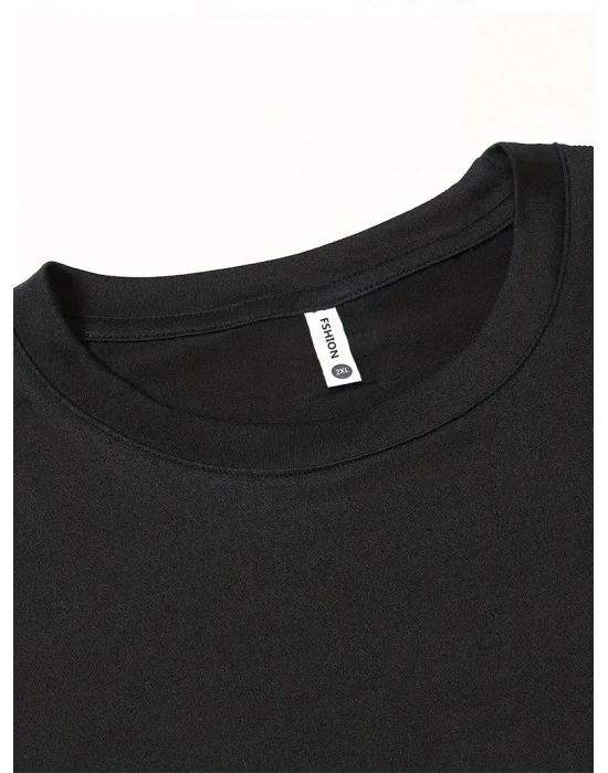 Erkek Penye Compack Baskılı  Bisiklet Yaka Kısa Kol T-shirt - Siyah