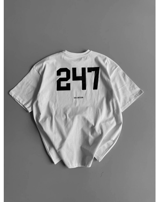 Erkek Penye Compack Baskılı Oversize Bisiklet Yaka Kısa Kol Yazlık T-shirt - Beyaz