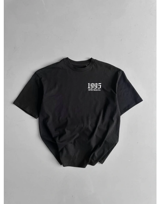 Erkek Penye Compack Baskılı Oversize Bisiklet Yaka Kısa Kol Yazlık T-shirt - Siyah