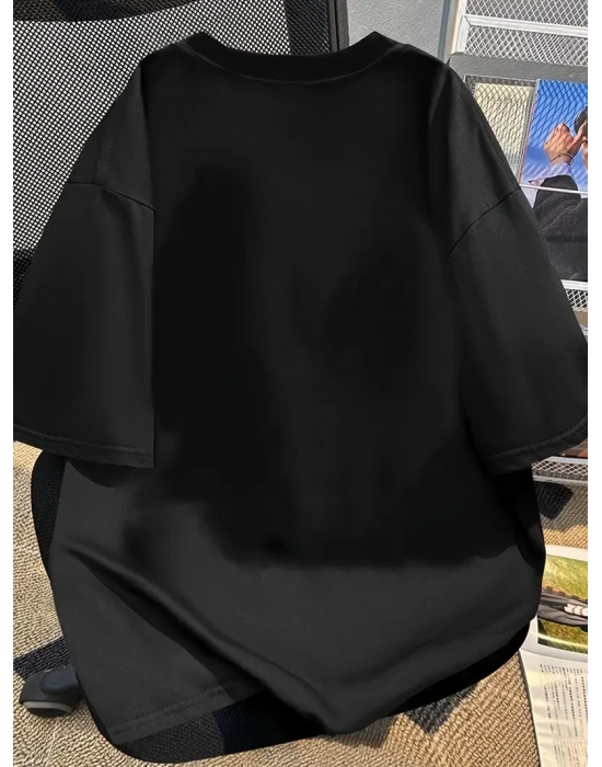 Kadın Penye Compack Baskılı  Bisiklet Yaka Kısa Kol Yazlık T-shirt - Siyah