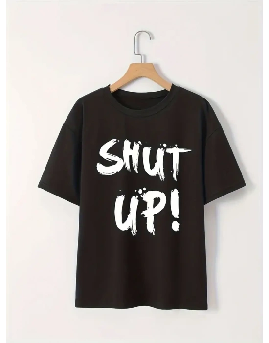 Kadın  Baskılı Oversize Bisiklet Yaka  Kısa Kol Yazlık T-shirt - Siyah