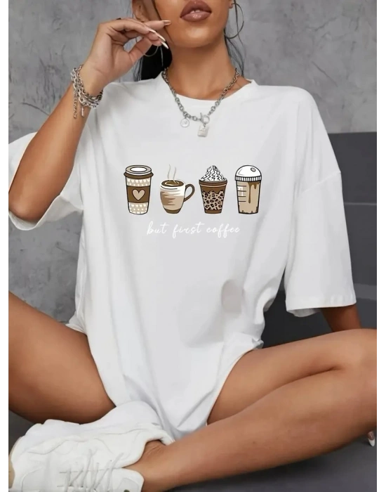 Kadın Penye Compack Baskılı  Kahve Desenli Kadın Kısa Kol T-shirt - Beyaz