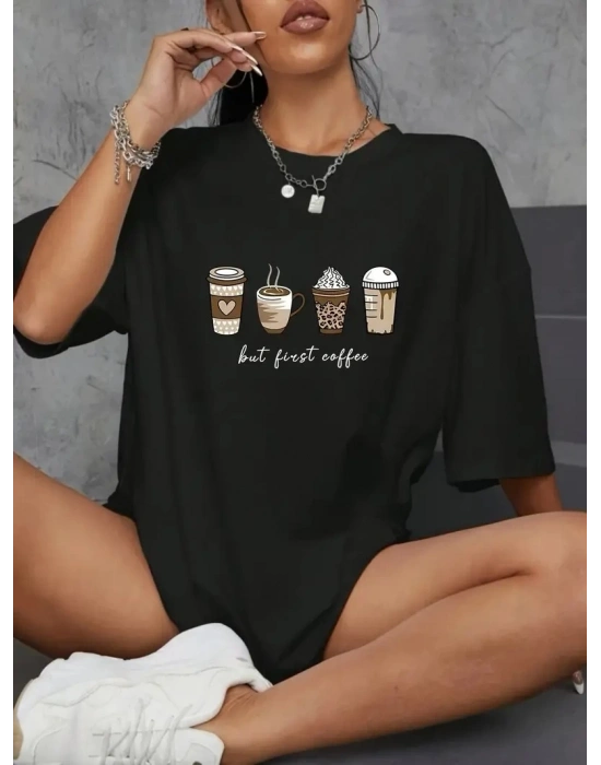 Kadın Penye Compack Baskılı Kahve Desenli Kadın Kısa Kol Yazlık T-shirt - Siyah