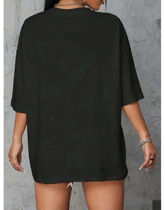 Kadın Penye Compack Baskılı Kahve Desenli Kadın Kısa Kol Yazlık T-shirt - Siyah