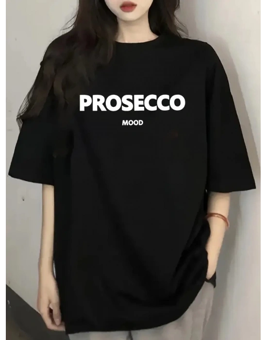 Kadın Penye Compack Baskılı  Kısa Kol Bisiklet Yaka T-shirt - Siyah