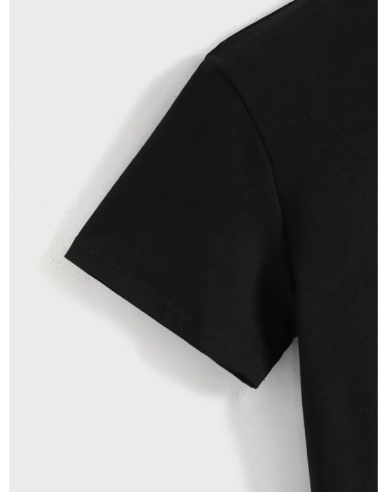 Kadın Penye Compack Baskılı Oversize Kısa Kol Bisiklet Yaka T-shirt - Siyah