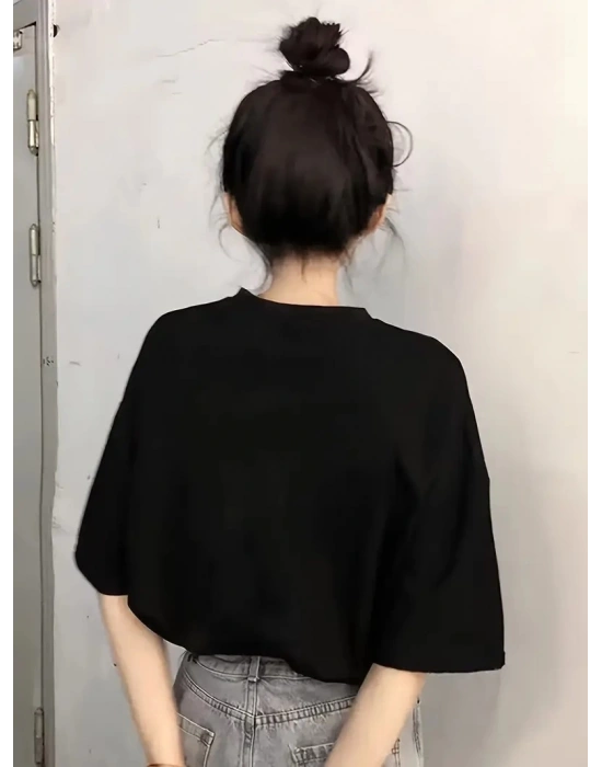 Kadın Penye Compack Baskılı  Kısa Kol Bisiklet Yaka T-shirt - Siyah